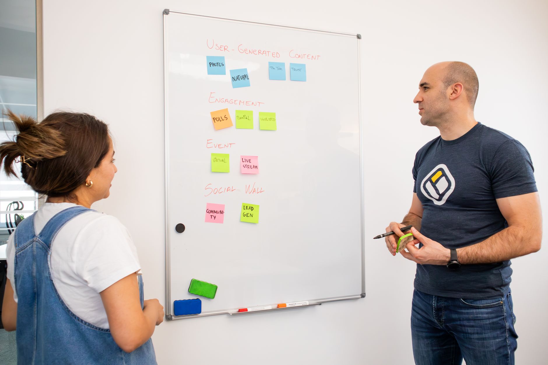Colleagues brainstorming with whiteboard notes