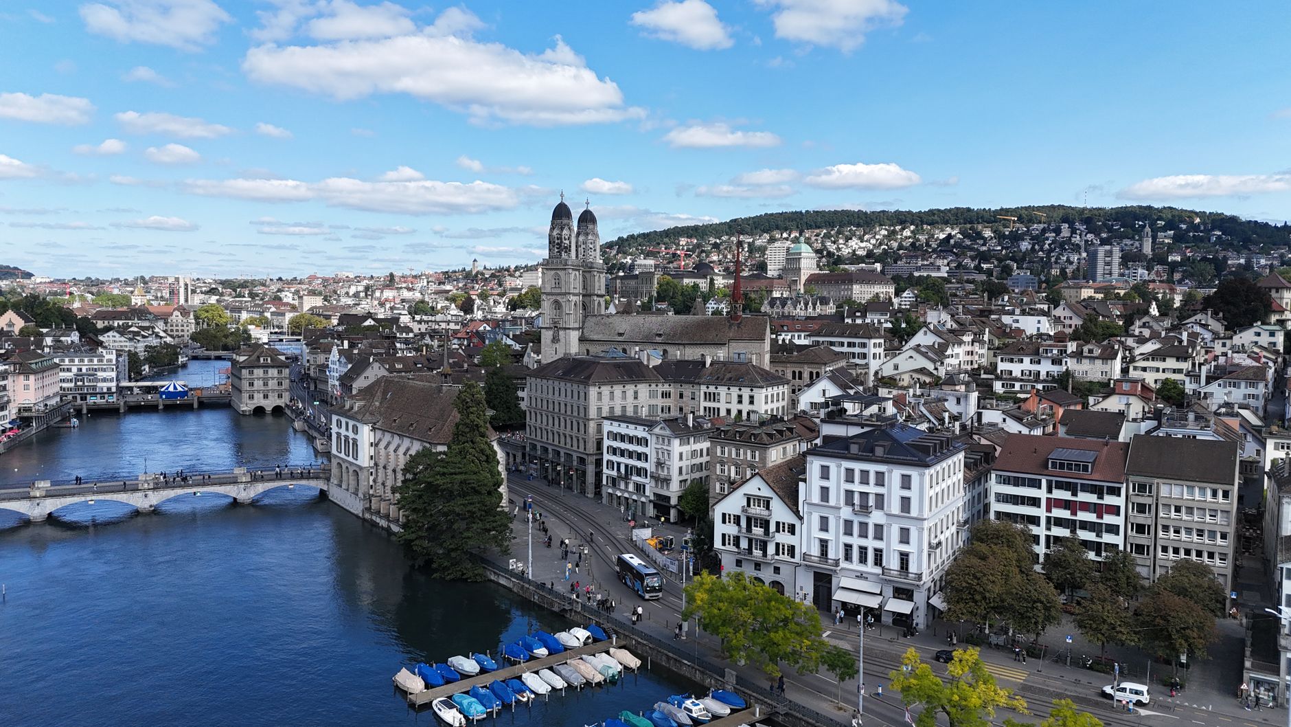 Aerial view of Zurich, Switzerland, showing the historic riverside financial district