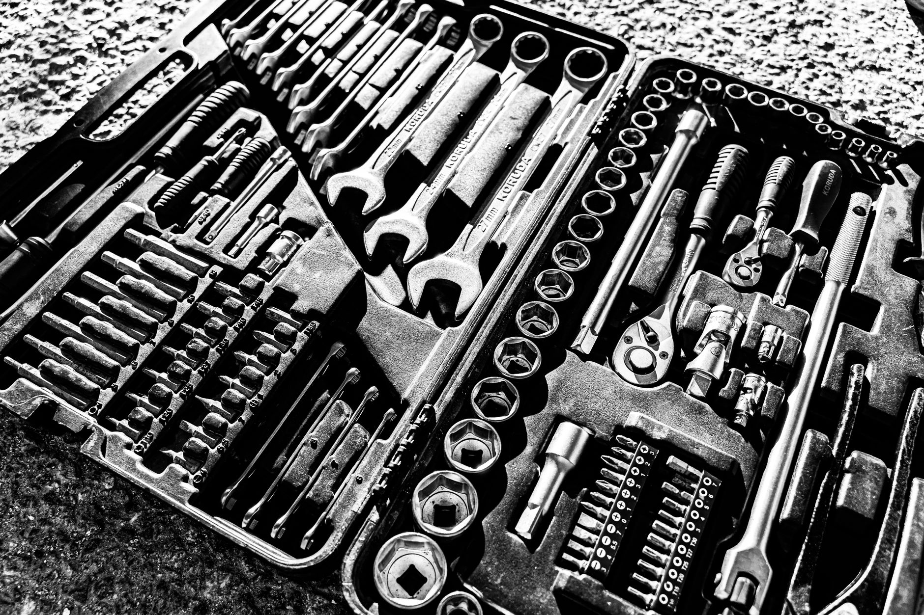 Wrench and socket tool set in a toolbox