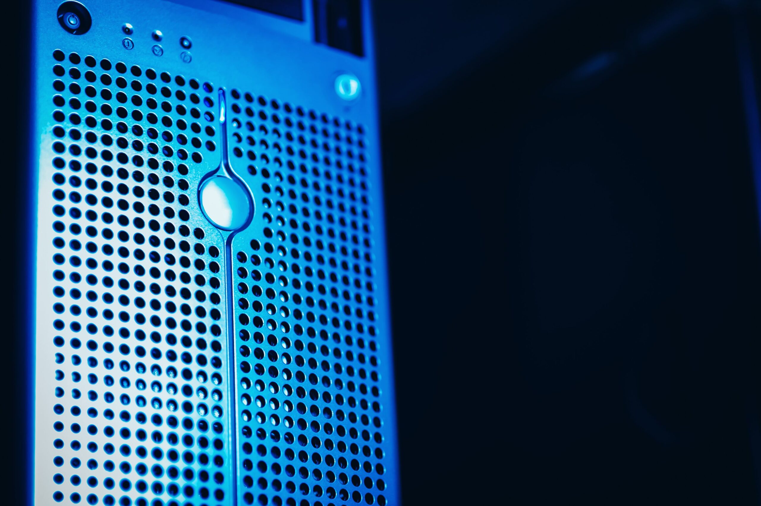 Modern server rack with blue lighting in a secure data center, representing infrastructure that needs upgrading for post-quantum SSH support
