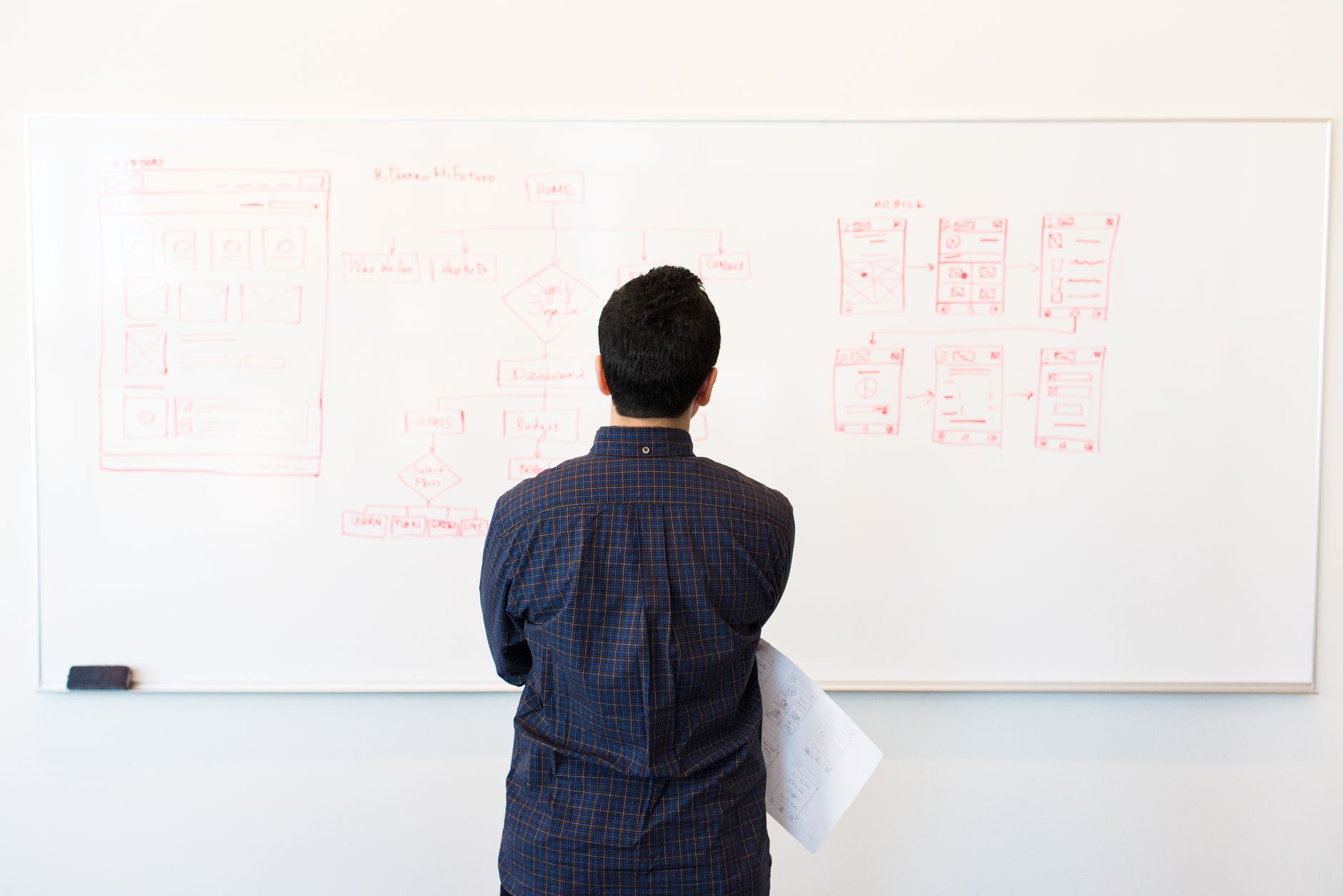 A man stands at a whiteboard reviewing a hand-drawn system design flowchart, holding a sheet of paper.
