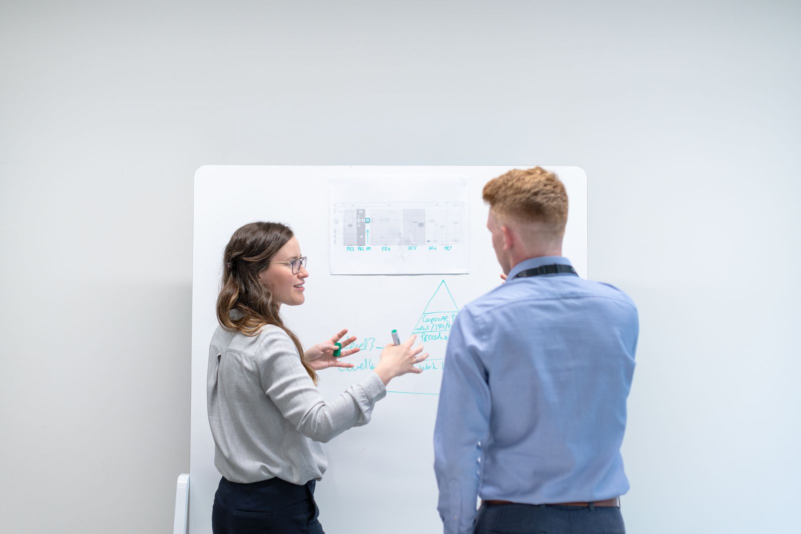 Two engineers discussing project plans at a whiteboard, representing the planning behind replacing a cryptographic algorithm